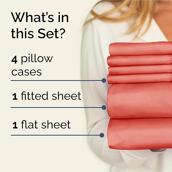 Full 6 Piece Sheet Set - Comfy Breathable & Cooling - Ultra Soft Hotel Luxury Bedding Set with 8-16 Inch Deep Pockets - 1 Flat & 1 Fitted Sheet & 4 Pillowcases - Cozy, Wrinkle Free & Easy Care - Coral