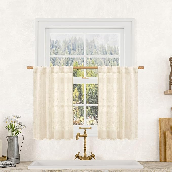 Semi Sheer Beige Linen Curtains 36 Inch Length by LAMIT