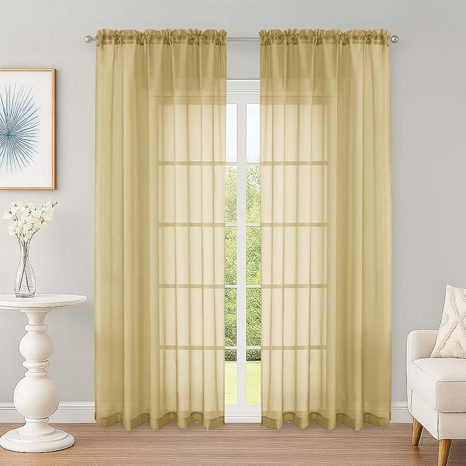 Sheer Curtains 84 Inches Long 2 Panels Set, Sheer Gold Curtains by OWENIE