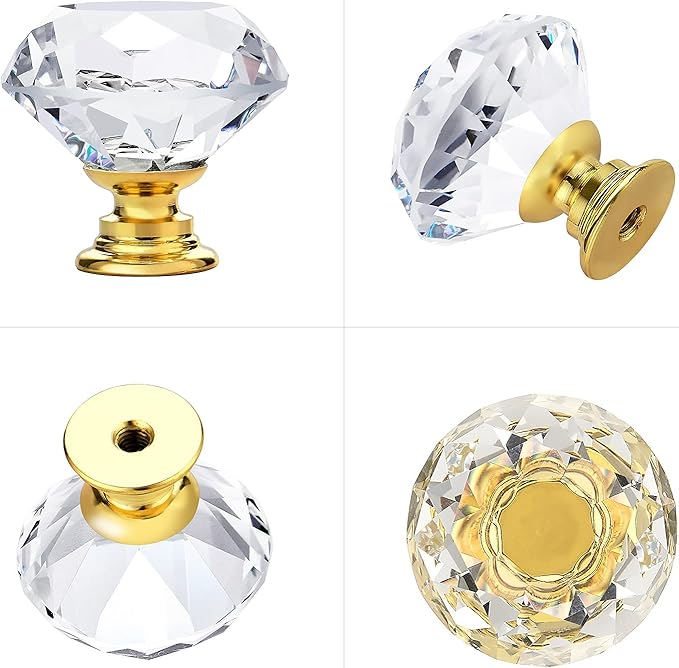 Ravinte 20 Pack Crystal Drawer Knobs - Glass Cabinet Knobs, Diamond Shaped, 30 mm with Gold Base