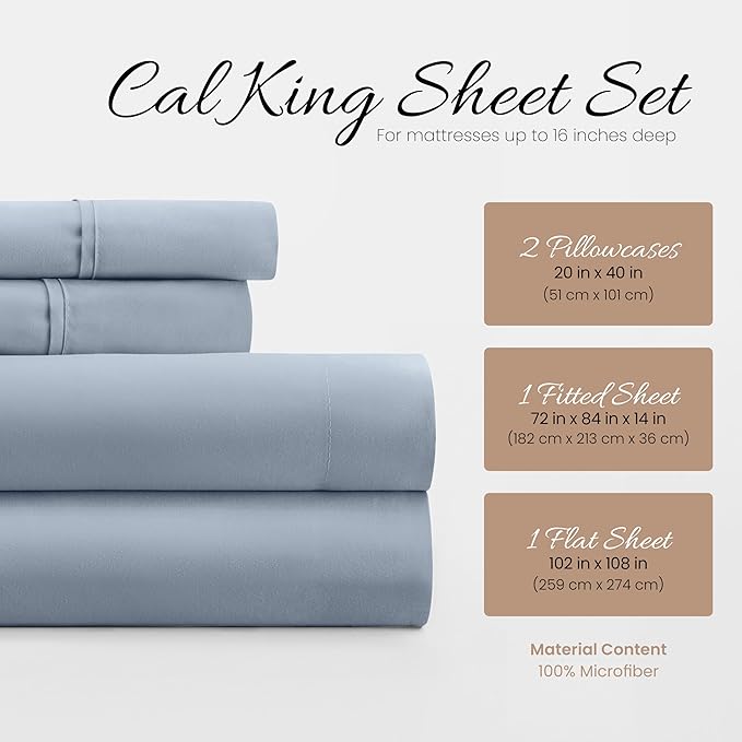 Linen Market Double-Brushed Microfiber California King Sheet Set 4 Piece – Oeko-TEX Certified Ultra Soft & Wrinkle-Free - 16" Deep Pocket Sheets Easy Care Cal-King Size - Light Blue