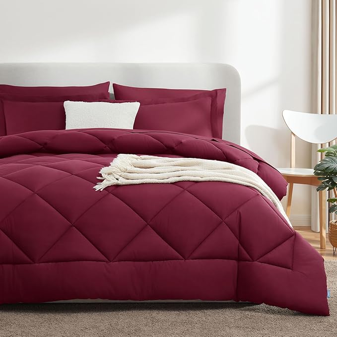 CozyLux Queen Comforter Set Burgundy - Bed in a Bag Queen Size 7 Pieces, Luxury Soft Bed Set for All Seasons, Bedding Set with Down Alternative Comforter, Sheets, Pillowcases & Shams, Red