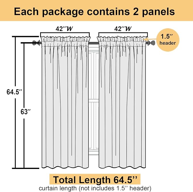 Cream Sheer Curtains 63 Inch Length 2 Panels Set, Elegant Voile Window Curtains - Image 4