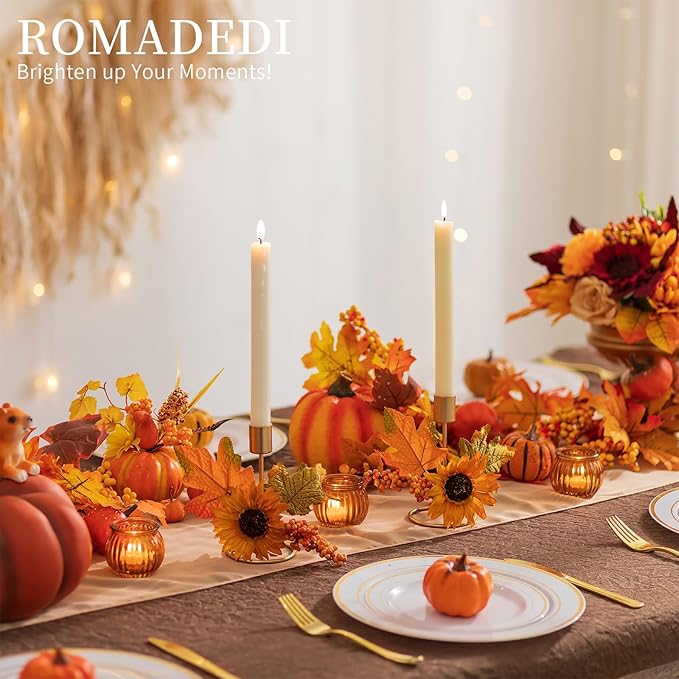 Romadedi Fall Candle Holder for Thanksgiving: Candlestick Holders Decor for Autumn Table Centerpiece Gold Party Decoration Indoor Kitchen Dining Fireplace Mantel Sunflower Maple Leaves Set of 2