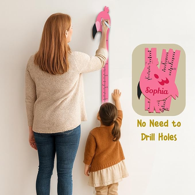 Personalized Growth Chart for Wall, Wooden Height Chart for Kids, Cute Height Measurement for Child/Girls/Boys, Baby and Toddler's Playroom/Kid's Room/Nursery Decor, Flamingo