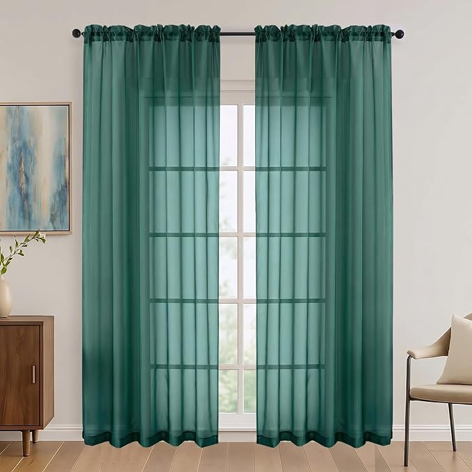 Hunter Green Sheer Curtains 84 Inches Long 2 Panels Set, Light Filtering Sheer by OVZME