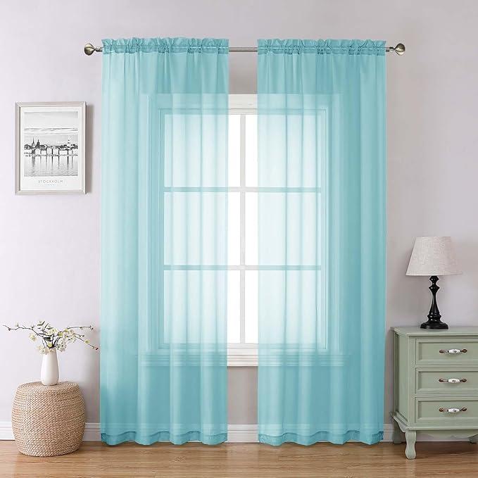 Aqua Sheer Curtains for Bedroom 84 Inches Long 2 Panels, Voile Solid by Lecloud
