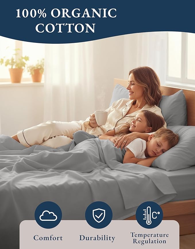 LANE LINEN 100% Organic Cotton California King Sheets Set, Fully Elasticized Reinforsed Seams in Fitted Pocket, Machine Washable Naturally Cooling All Season Cal King Sheet- Silver