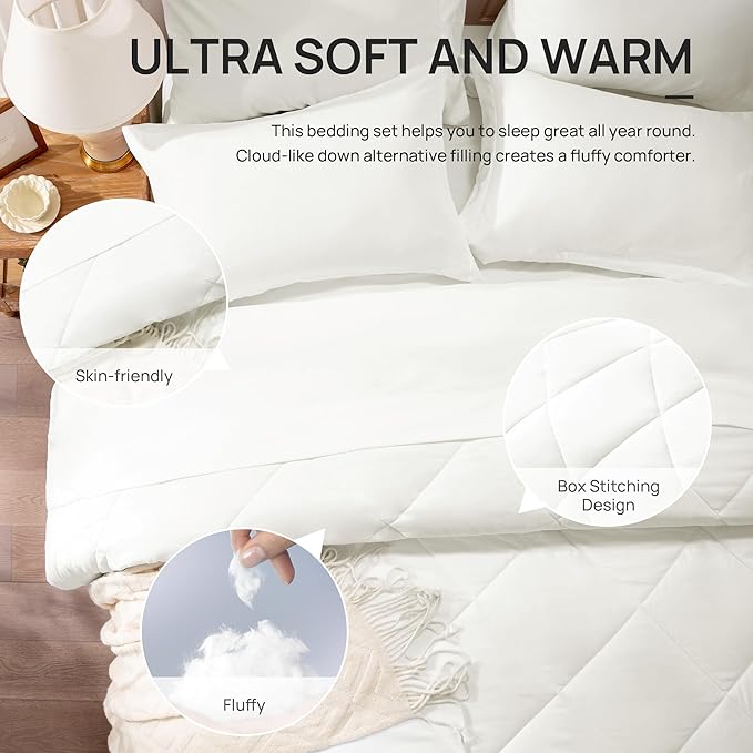 Love's cabin California King Comforter Set Ivory, 7 Pieces California King Bed in a Bag, All Season Bedding Sets with 1 Comforter, 1 Flat Sheet, 1 Fitted Sheet, 2 Pillowcase and 2 Pillow Sham
