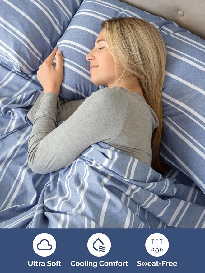 Extra Deep Split King Sheet Set - 7 Piece Breathable & Cooling Sheets - Hotel Luxury Bed Sheets Set - Easy Fit - Soft, Wrinkle Free & Comfy Sheets Set - Blue Striped Sheet Set w/Extra Deep Pockets