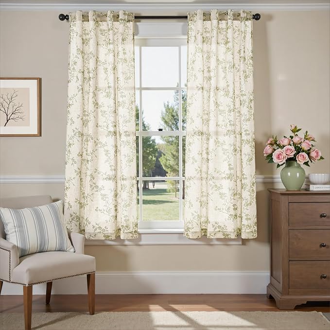 Green Vintage Floral Linen Curtains Farmhouse 38W X 63L 2 Panels | Elisa Series - Image 2