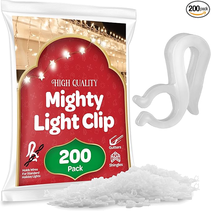 SEWANTA Christmas Light Clips - Set of 200 Mini Clips for Gutters and Shingles - Hanging Outdoor Lights - USA Made - No Tools Required