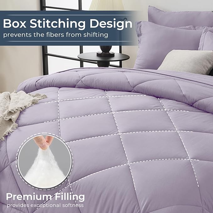 HEVUMYI Twin Purple Comforter Set - 5-Piece All Season Bed in a Bag Twin, Ultra Soft Bedding Set with Comforter, Flat Sheet, Fitted Sheet, Pillowcases, Pillow Shams, Lavender Purple
