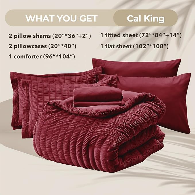 HYMOKEGE Burgundy California King Comforter Set Seersucker 7 Pieces, All Season Luxury Bed in a Bag for Bedroom, Bedding Set with Comforters, Sheets, Pillowcases & Shams