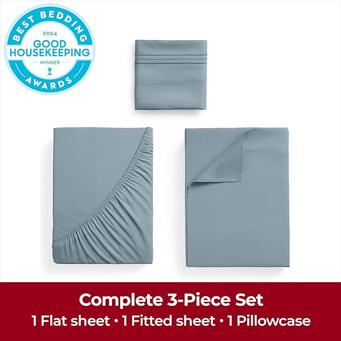 Mellanni Extra Deep Twin Sheets - 3 PC Iconic Collection Bedding - Hotel Luxury, Ultra Soft, Cooling Bed Sheets - Wrinkle, Fade, Stain Resistant (Twin, Spa Blue)