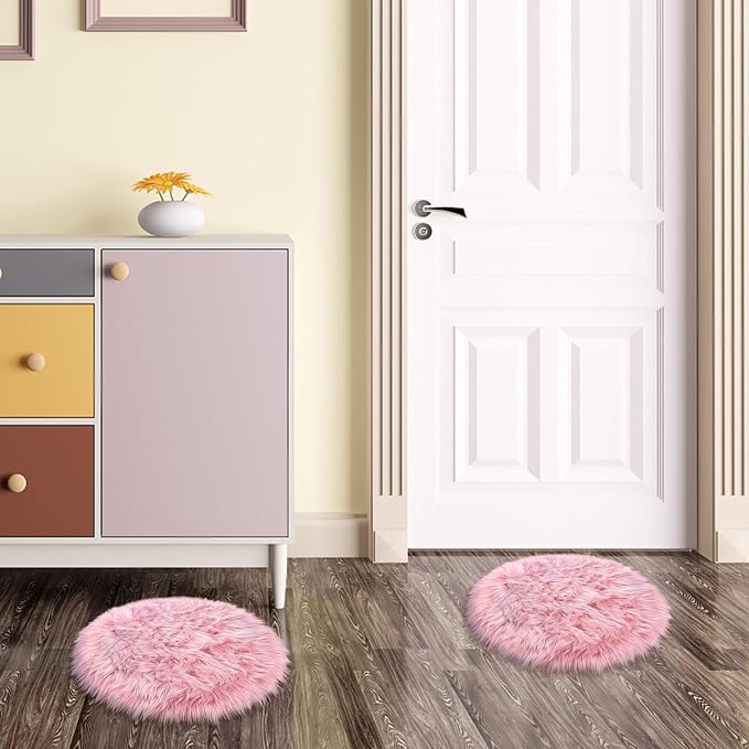 15.7 Inches Mini Pink Round Faux Fur Sheepskin Area Rug, Fluffy Small Circle - Image 6