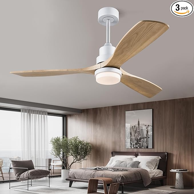 BOJUE 60 Inch Ceiling Fans with Lights and Remote Control, Dimmable LED Light, Indoor Outdoor Wood Ceiling Fan with 3 Blades for Patio, Living Room, Bedroom, Office, Summer House