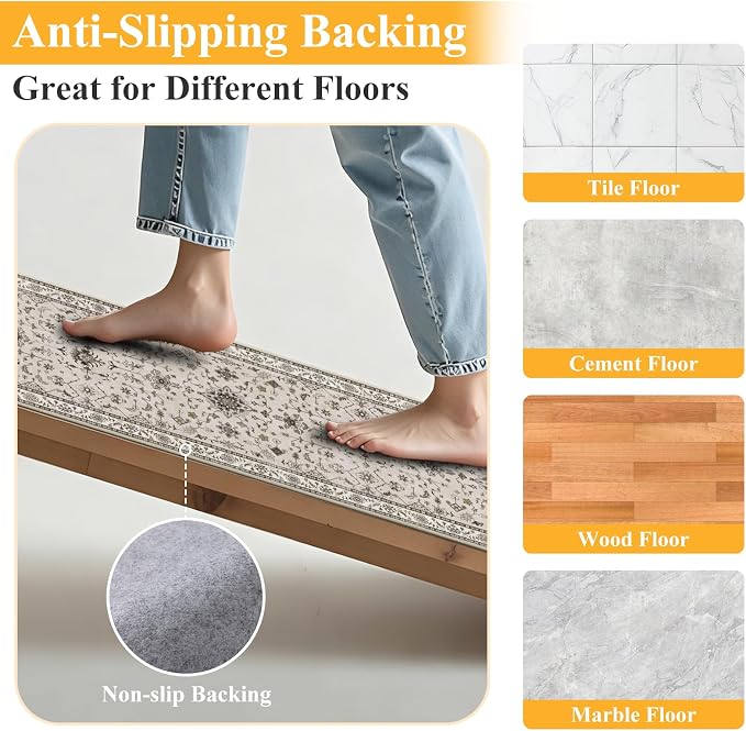 HEBE Hallway Runner Rug 2'x8', Washable Non Slip Kitchen Rug Runner | Soft Boho - Image 3