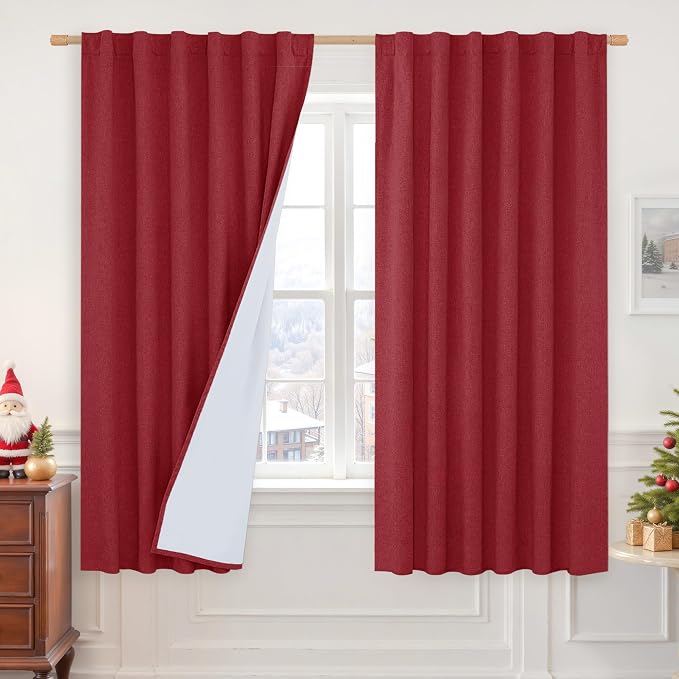 100% Blackout Red Linen Bedroom Curtains 63 Inches 2 Panels | Thermal Insulated by LAMIT
