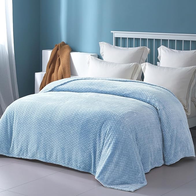 Exclusivo Mezcla Fleece Twin Size Blanket for Bed, 90x66 Inches Soft Cozy Jacquard Flannel Blankets, Lightweight Fuzzy Plush Warm for Winter, Light Blue