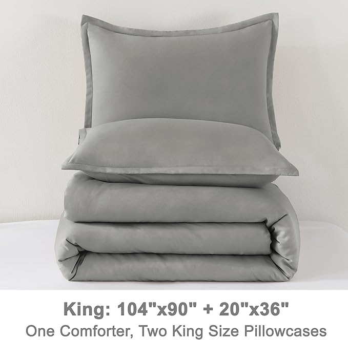 Litanika Comforters Medium Gray King Size, 3 Pieces Lightweight Solid Bedding Set & Collections, All Season Fluffy Bed Set (104x90In Comforter & 2 Pillowcases)
