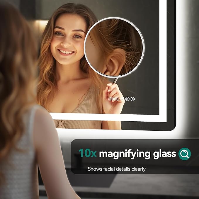 YITAHOME 48 x 32 Inches LED Bathroom Mirror, Front Light and Backlit, Motion Sensor, 10X Magnifying Glass, 3 Colors Dimmable, 5mm Tempered Glass, Anti-Fog, Wall Mounted Mirror-Horizontally Only