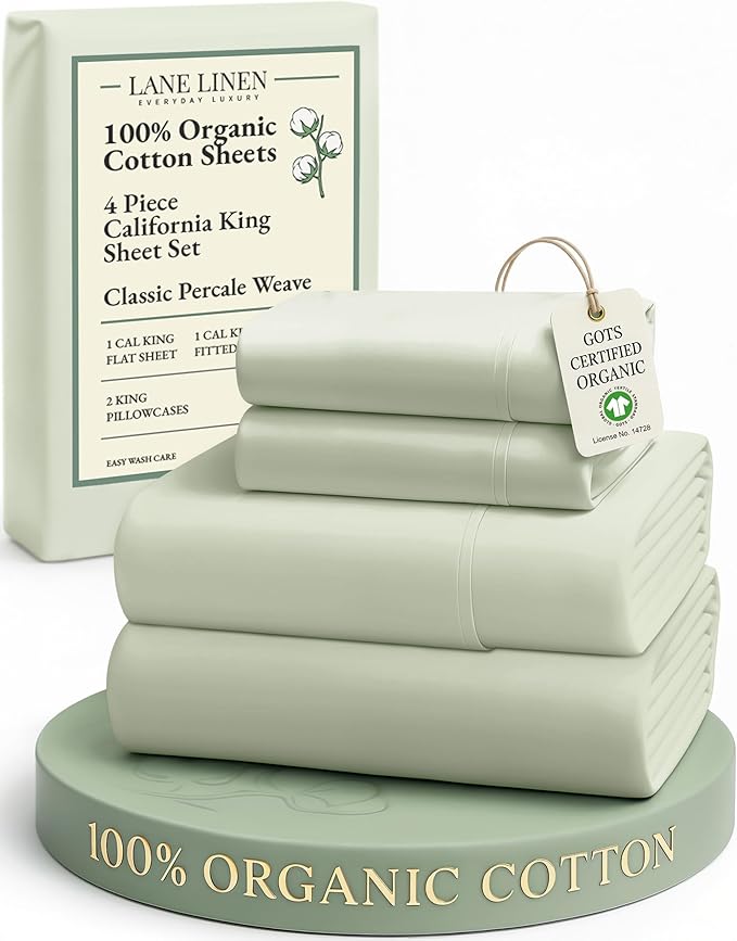 LANE LINEN Bedsheets California King Size Bed - 4Pc 100% Organic Cotton Cal King Bed Sheet Set, Soft Cooling Sheets, 15" Deep Pocket Cal King Sheets, Oeko Tex Certified - Mineral