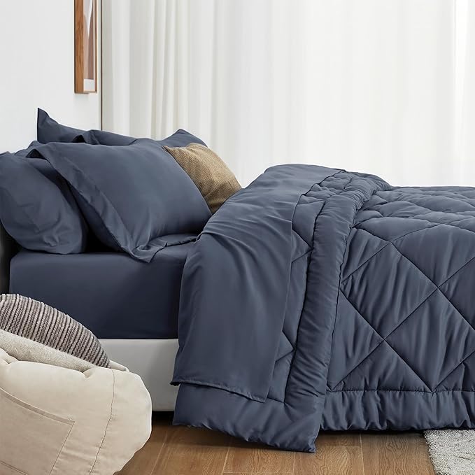 Love's cabin King Size Comforter Set Navy Blue, 7 Pieces King Bed in a Bag, All Season Bedding Sets with 1 Comforter, 1 Flat Sheet, 1 Fitted Sheet, 2 Pillowcase and 2 Pillow Sham