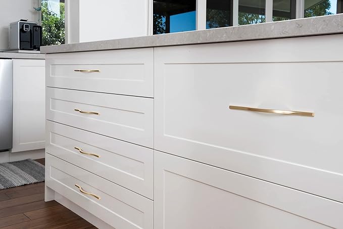 Goo-Ki Low Profile Brushed Brass Cabinet Pulls, Double Hole Centers (6.3''/7.6'') Zinc Alloy Handle for Drawer Cupboard Wardrobe,6 Packed