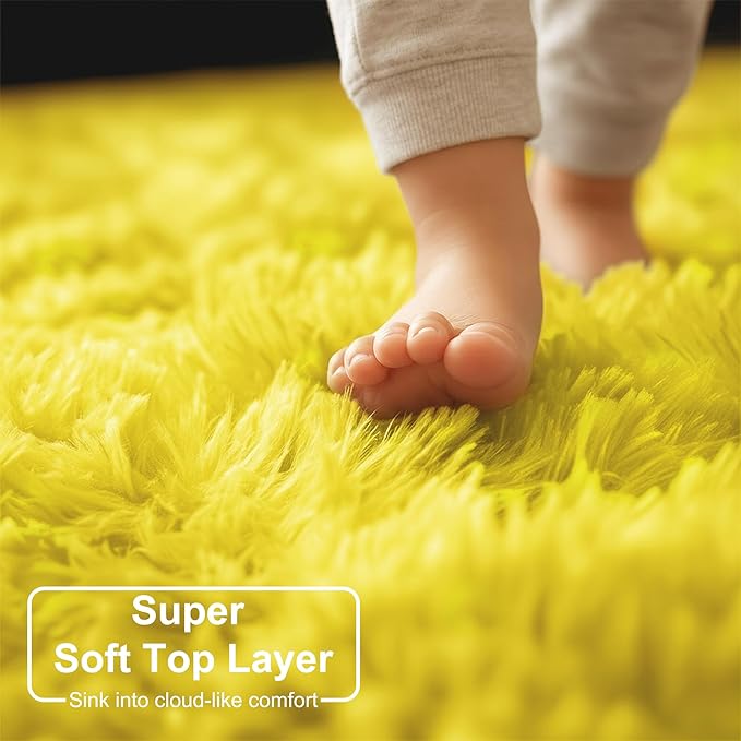 Amdrebio Yellow Fluffy Round Area Rug 5Ft - Image 4