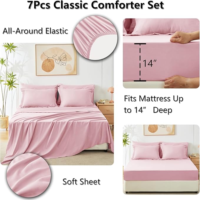 CozyLux Queen Comforter Set Pink - Bed in a Bag Queen Size 7 Pieces, Luxury Soft Bed Set for All Seasons, Bedding Set with Down Alternative Comforter, Sheets, Pillowcases & Shams