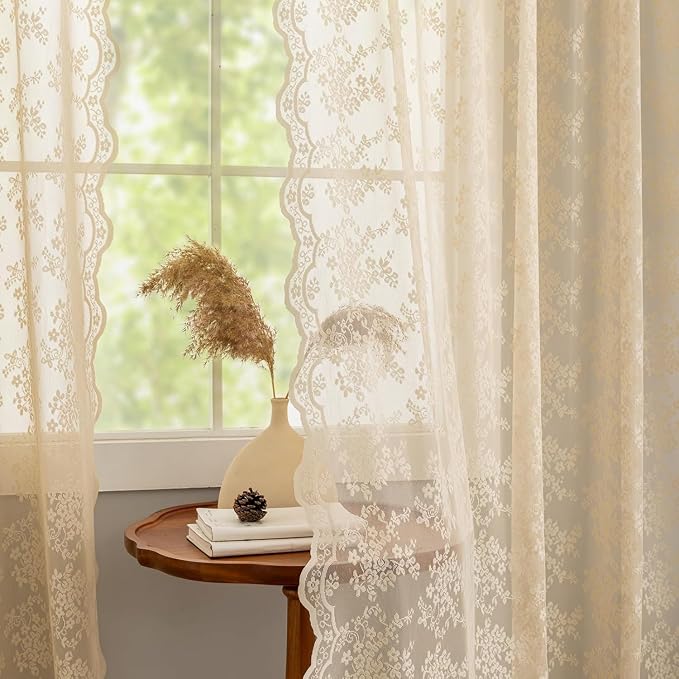 YJ YANJUN Vintage Lace Curtains 90 Inches Long-Victorian Floral Beige Sheer - Image 4