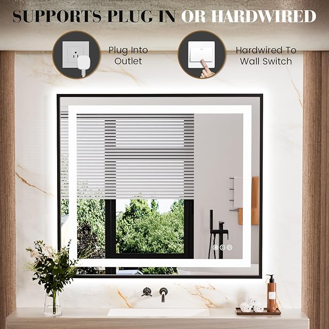 LED Bathroom Mirror,40"x36" Mirror with Black Frame, Front Light and Backlit, Stepless Dimmable, Anti-Fog, Shatter-Proof, Memory, 3 Colors, Double LED Vanity Mirror