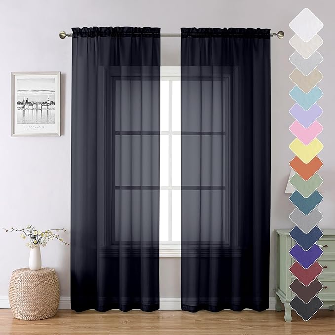 Black Sheer Curtains 84 Inches Long 2 Panels, Solid Voile Light Filtering Airy by Lecloud