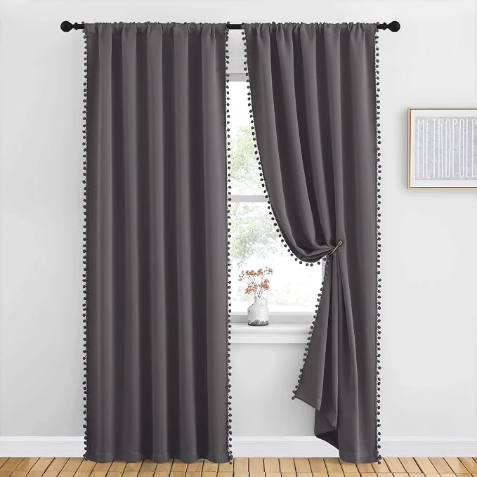NICETOWN 2 Panels Blackout Curtains, Rod Pocket Pompoms Curtains 84 inches - Image 8