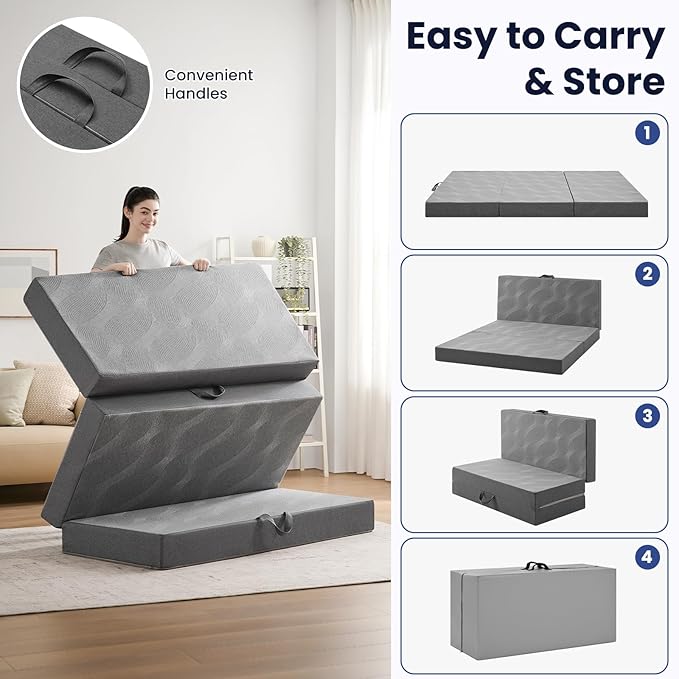 Foldable Mattress Full 6 inch -Portable Grey Memory Foam Folding Matress with Washable Cover for Camping Travel Guest Room Home Use-Non-Slip&Easy Storage