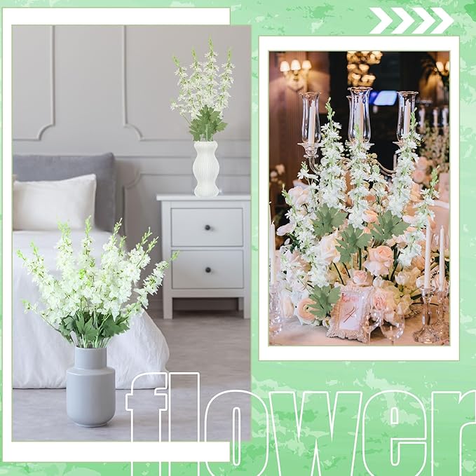 24 Pcs White Delphinium Artificial Flower 35.4'' Long Larkspur Stem White Fake Faux Silk Flowers Bulk for Tall Vase Floral Arrangements Home Centerpiece Table Wedding Decor