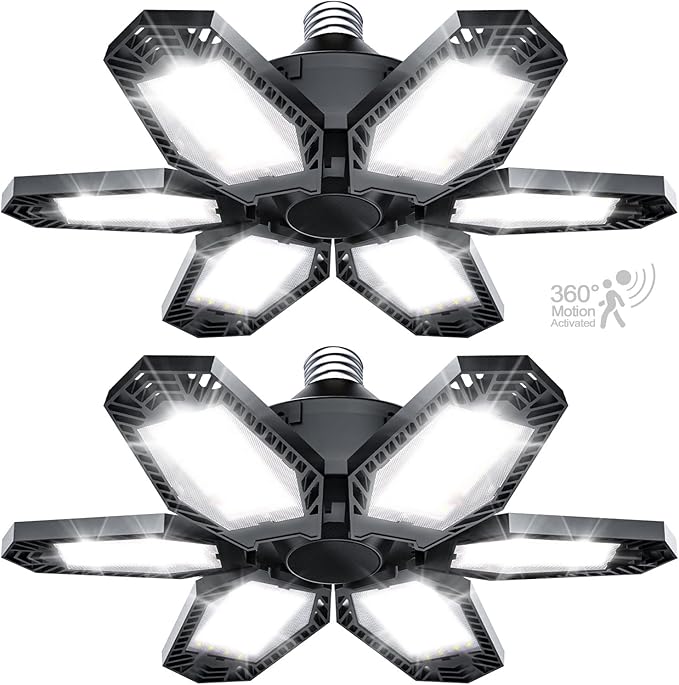 TANBABY 2 Pack Motion Sensor Garage Light, Total 30000LM Deformable Garage Lighting, 150W LED Ceiling with Motion, Ultra Bright Motion Activated LED Shop Light for Attic, Basement