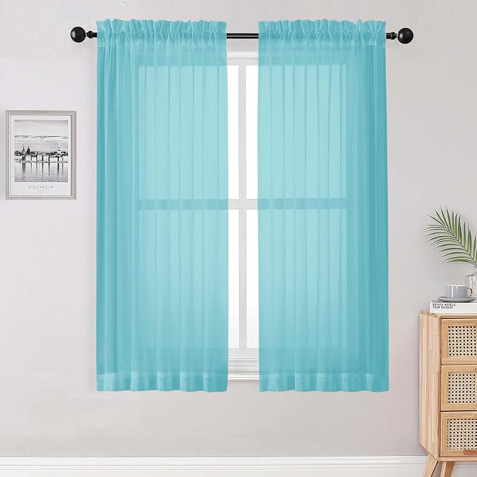 Sheer Aqua Curtains for Bedroom Living Room 63 Inch Length 2 Panels Set by OWENIE