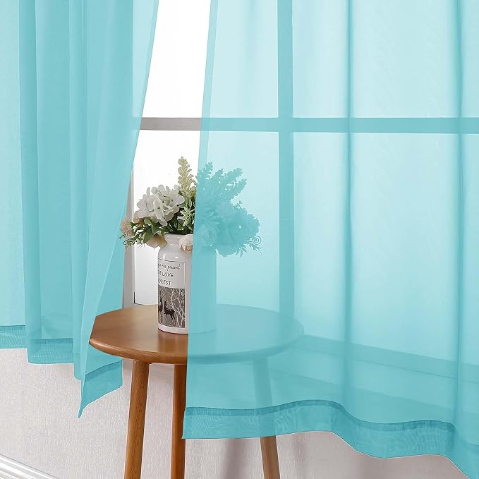 Aqua Sheer Curtains for Bedroom 54 Inch Length 2 Pcs, Rod Pockets Solid Color - Image 2