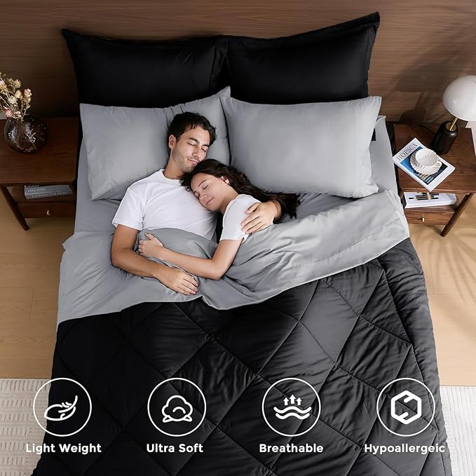 HEVUMYI Full Comforter Set - 7-Piece All Season Bed in a Bag Full, Ultra Soft Bedding Set with Comforter, Flat Sheet, Fitted Sheet, Pillowcases, Pillow Shams, Black & Light Grey