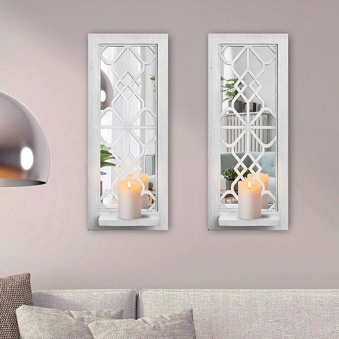 Wood Wall Sconce Candle Holder Set 2, Rustic Candle Sconces, Farmhouse Hanging Wall Décor, Carved Wood Frame, Mirrored Wall Accent