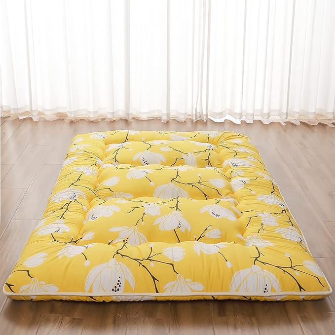 Japanese Floor Mattress, Futon Mattress with Portable Storage Bag and Washable Cover, Roll Up Thick Tatami Mat Suitable for Camping, Guest Room, Yellow Flower, Twin
