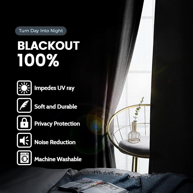 SimpleHome Black 100% Blackout Curtains Room Darkening Living Room 63 Inch | - Image 3