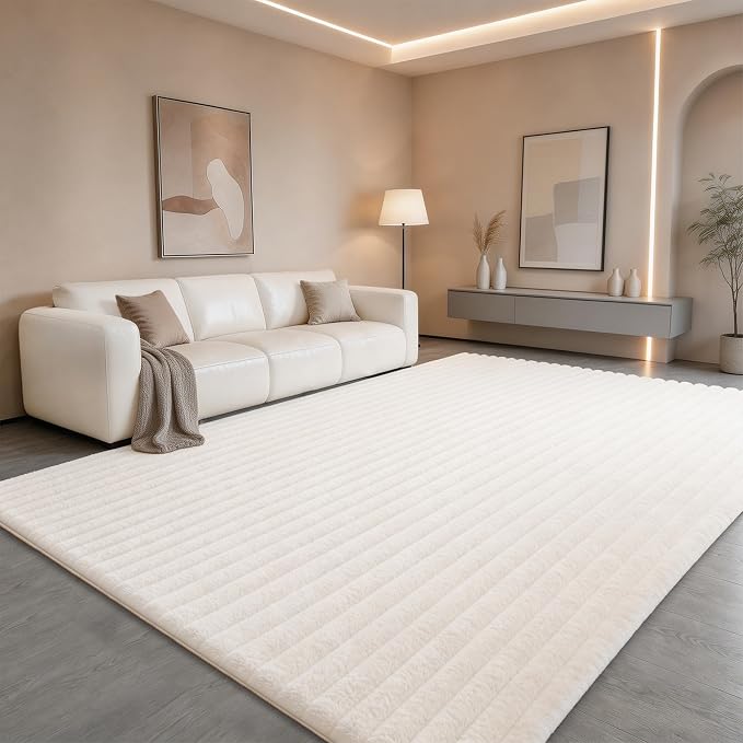 Creamy White Rabbit Striped Plush Rug 8'x10', Fluffy Faux Fur Shaggy Area Rug - Image 3