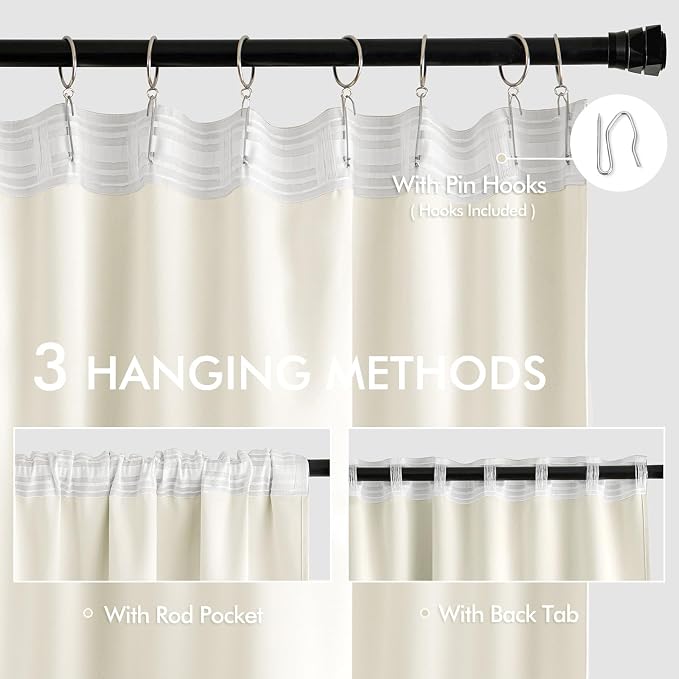 MIULEE Cream Back Tab Blackout Curtains 52x90 Inch Long 2 Panels Set | Rod - Image 3