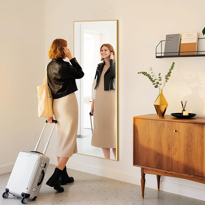 DUMOS Wall-Mounted Full Length Mirror 21"x 65" for Bedroom, Full Body Floor Mirror with Stand, Hanging or Leaning for Wall, Gold
