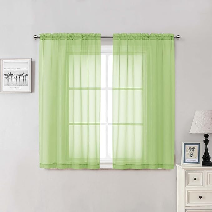 Lime Sheer Curtains for Living Room 54 Inch Length 2 Pcs, Solid Color Voile Rod by Lecloud