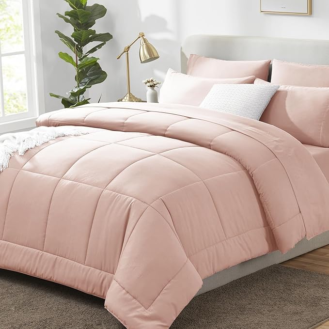 CozyLux Full Size Comforter Sets Blush Pink, 7 Pieces Bed in a Bag, Pink Comforter Full Size, All Season Bedding Sets with Stitch Quilted Comforter, Flat Sheet, Fitted Sheet, Pillowcases