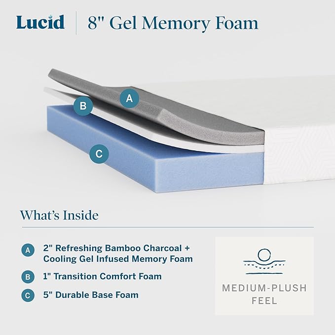 Lucid 8 Inch Memory Foam Mattress - Medium Plush Feel - Infused with Refreshing Bamboo Charcoal and Cooling Gel - Bed in a Box - Temperature Regulating - Pressure Relief - Breathable - Twin XL Size